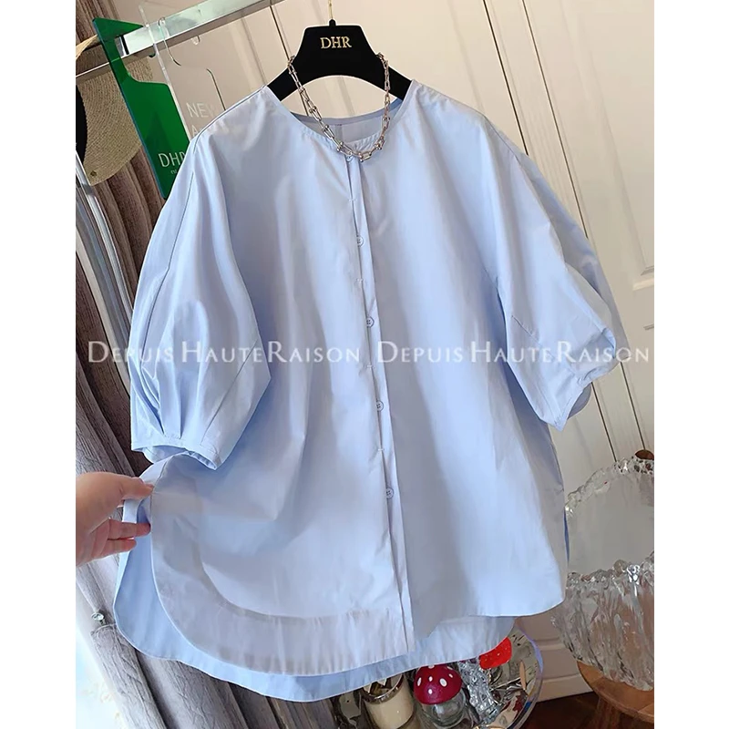 超好看法式气质泡泡袖圆领短袖衬衫娃娃衫宽松上衣女夏季新款