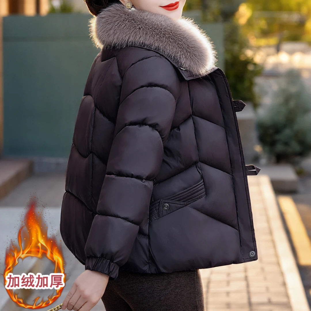 妈妈时尚大毛领加绒加厚短款棉衣外套女2025冬季新款棉服保暖棉袄