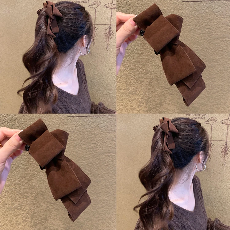 美拉德麂皮绒面朱古力色蝴蝶结香蕉夹女2025新款竖夹扭扭夹子头饰