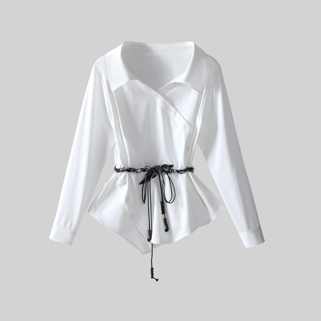 【纪朵研】8032时尚长袖衬衫女2025秋季新款设计感绑带收腰上衣