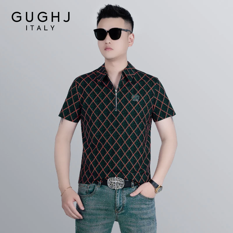 欧货夏季新款轻奢半拉链翻领短袖男个性印花时尚百搭格子polo衫潮