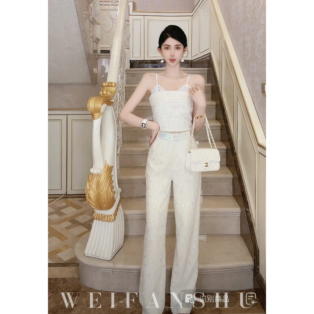 WEIFANSHU/魏凡舒【甜山茶】春夏新款时尚气质重工亮片名媛吊带套装