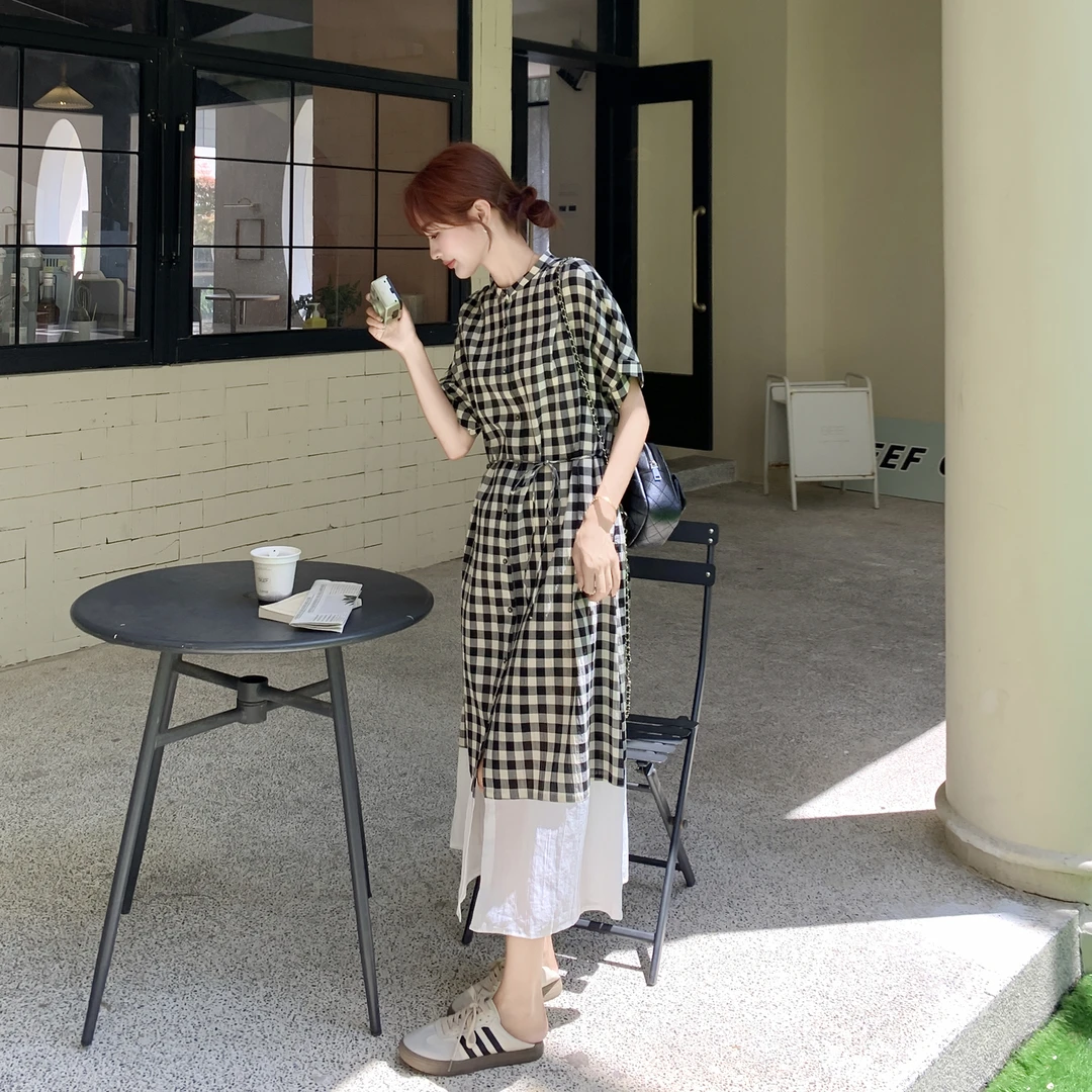 夏日松弛感格纹连衣裙女2025新款法式复古文艺风气质百搭衬衫裙子