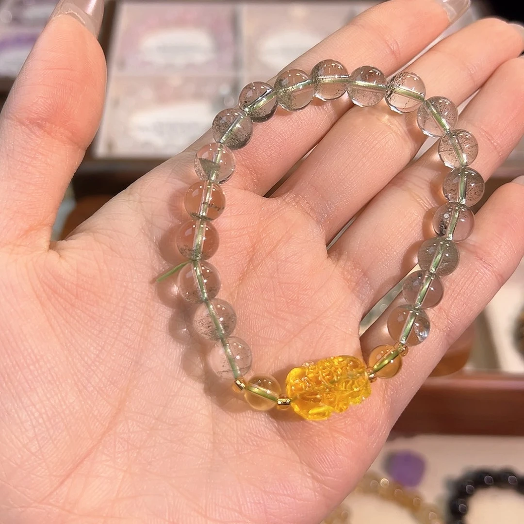 烟晶手链银S925镶嵌绿幽灵8mm