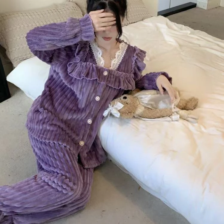 两件套花边套装秋冬款珊瑚绒家居服保暖居家琥珀流光睡衣套装女Q