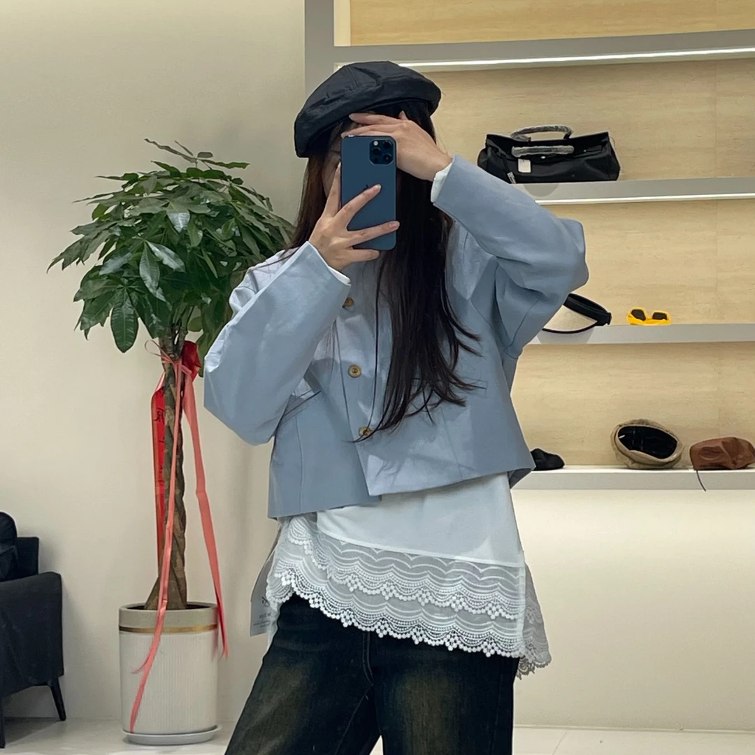 长袖保暖常规袖宽松女圆领短外套开衫秋季设计感短款3087