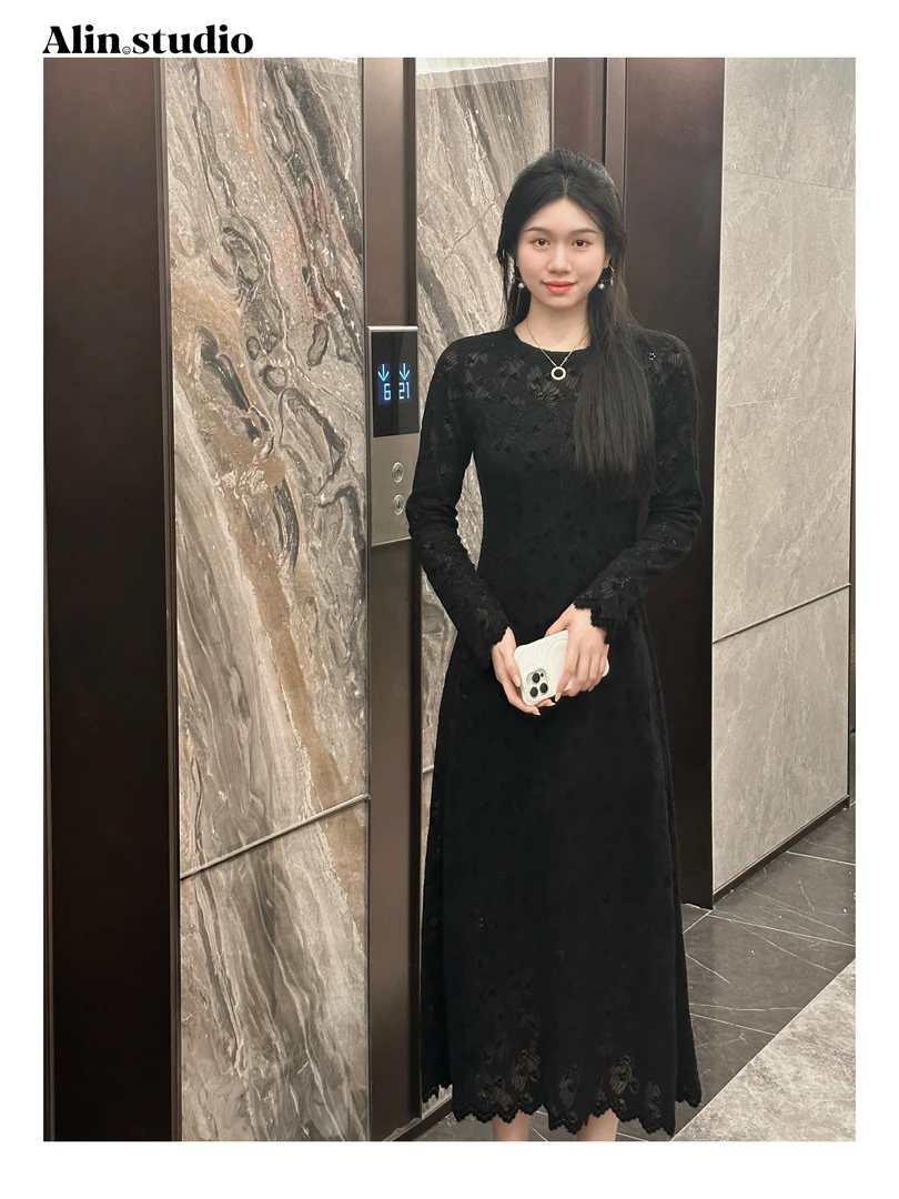【Alin】（蕾丝黑）（加绒）秋冬圆领长袖时尚气质高定显瘦长款连衣裙