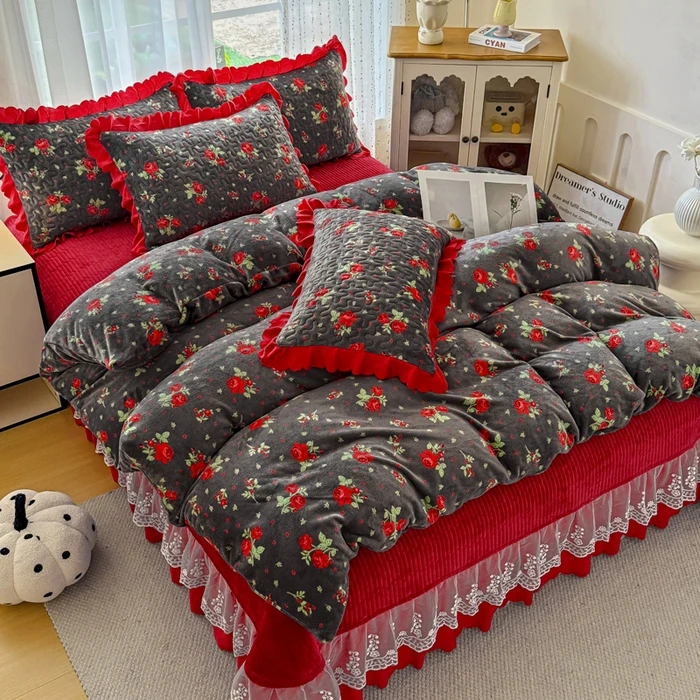 10斤加厚牛奶绒四件套床盖款韩版蕾丝边双面绒防滑抗静电绒三件套