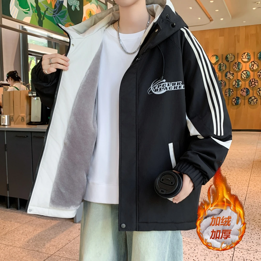 2025冬季新款加绒加厚外套男连帽工装保暖夹克休闲百搭宽松上衣男