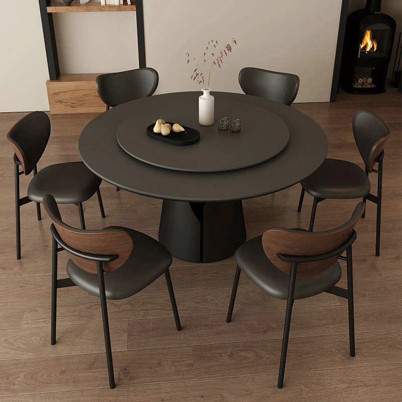 意式轻奢圆形纯黑岩板餐桌椅组合法式复古极简圆桌家用简约转盘
