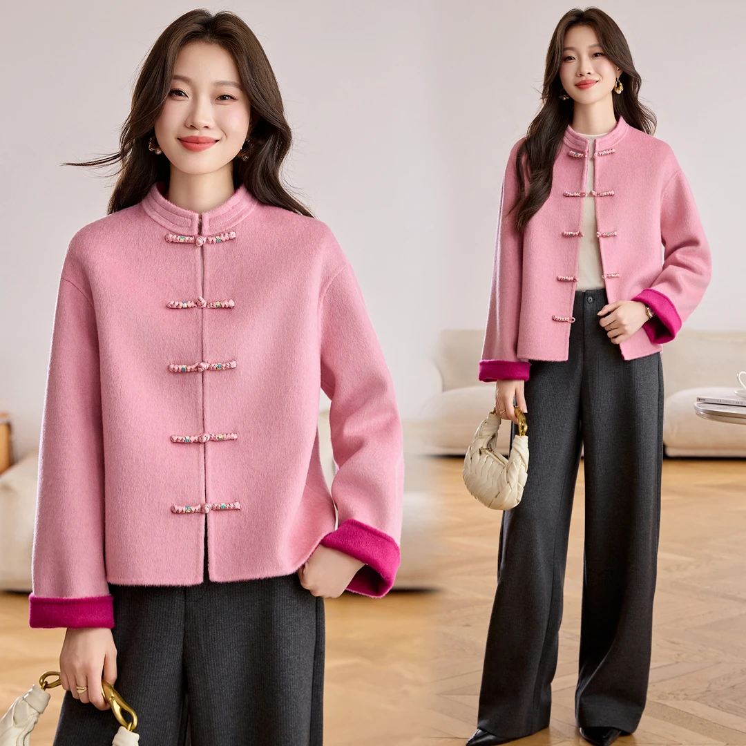 新中式国风盘扣双面羊绒毛呢大衣外套女短款立领2025秋冬季新款潮