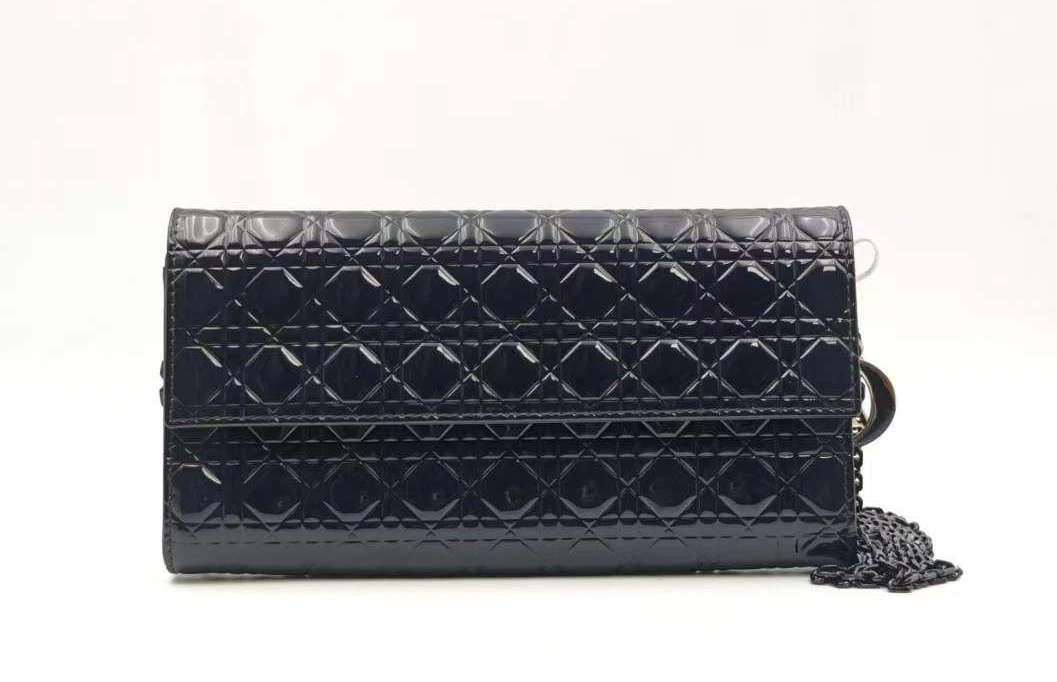 95新 DIOR/迪奥 迪奥黑色戴妃漆皮横版链条包