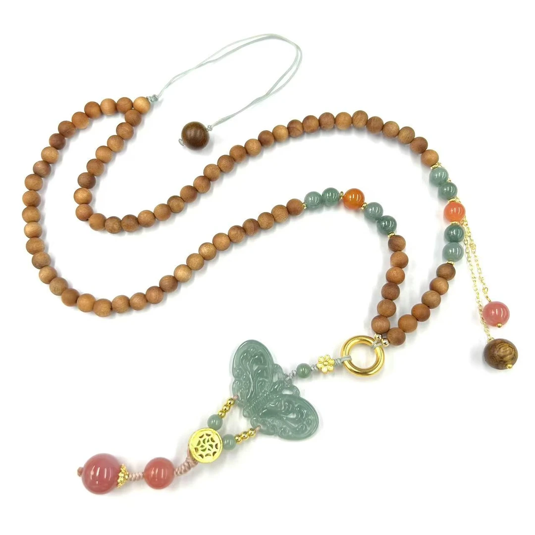 【符老板】y2282-国风设计款翡翠蝴蝶DIY檀香木毛衣链-赠礼盒