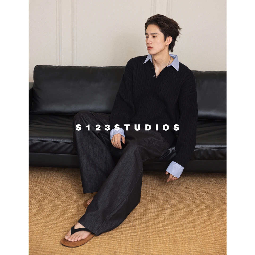 2025早秋新品 绞花条纹撞色拼接假两件长袖针织衫T恤毛衣男