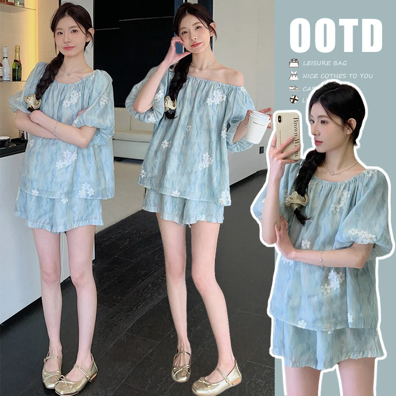 时髦孕妇装新款夏季温柔风刺绣上衣蕾丝碎花款宽松托腹裤孕妇套装