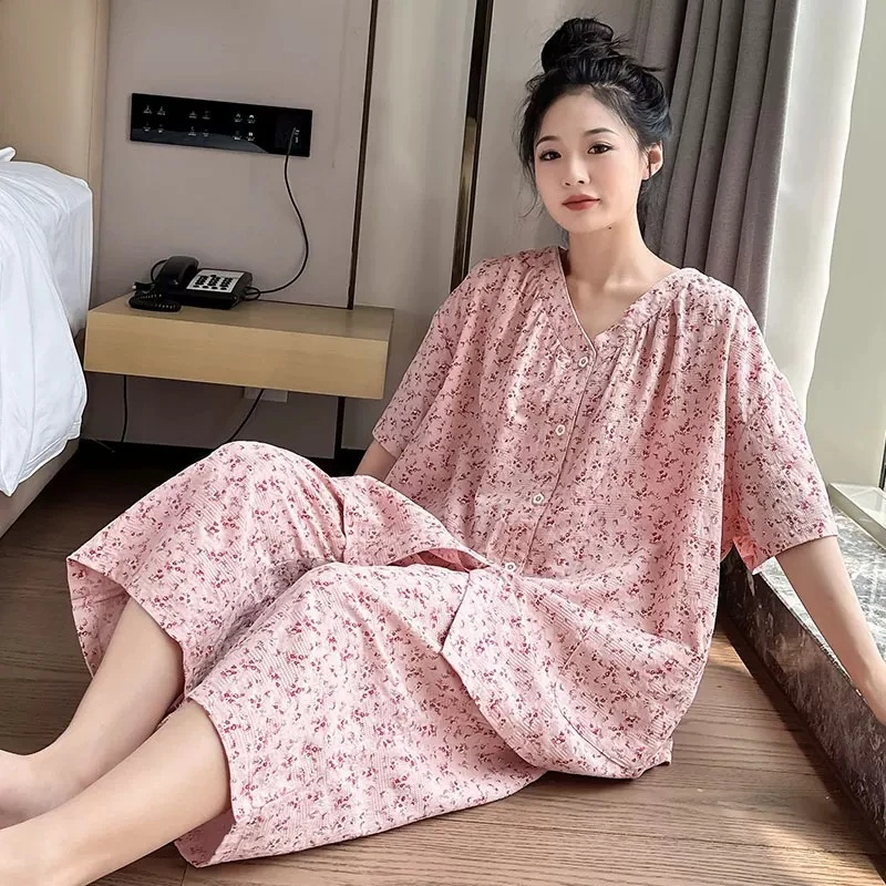 宽松大码薄款纯棉睡衣女士夏季新款家居服胖MM200斤碎花短袖套装