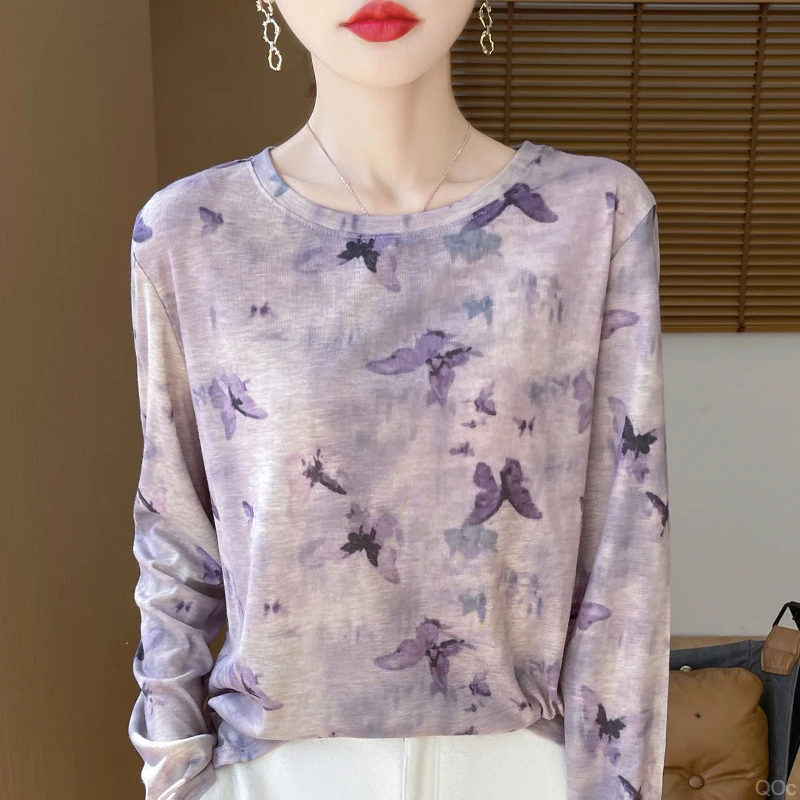 薄款莱赛尔天丝棉打底上衣舒适印花圆领长袖内搭宽松百搭晕染罩衫