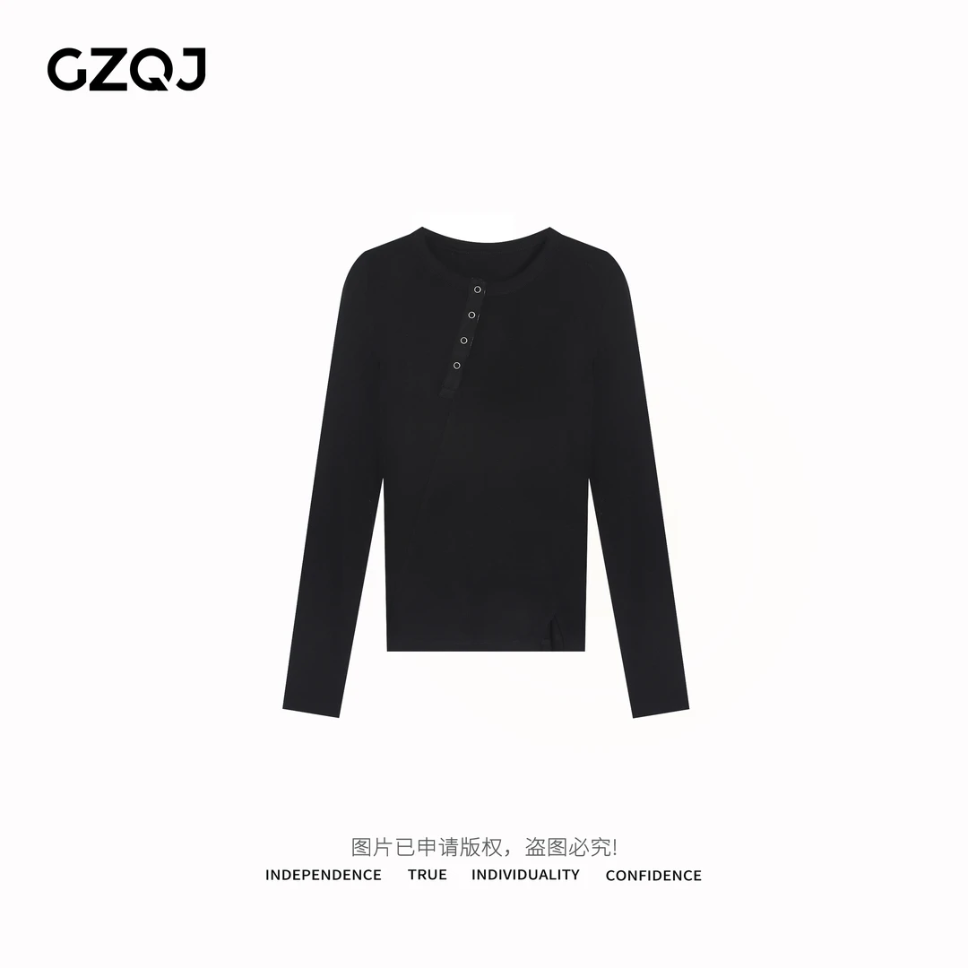 广州琴姐【灰镜斜语】时尚百搭不规则圆领长袖T恤打底衫女春季21532