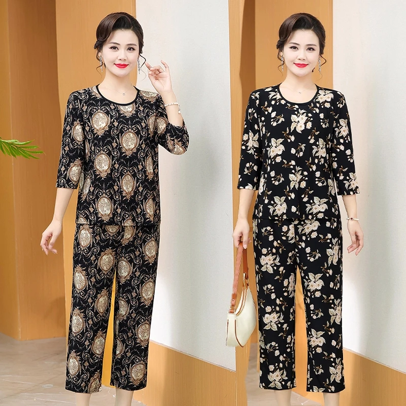 夏季七分袖妈妈装中老年洋气圆领显瘦透气薄款上衣裤子两件套