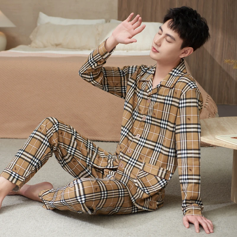 辉豹格纹睡衣男士春秋款纯棉长袖居家服男款秋季可外穿家居服套装