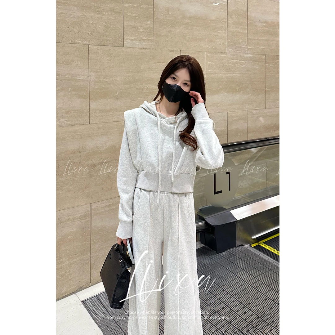 Liixu春季新款休闲卫衣套装女设计感连帽上衣阔腿裤两件套24W013