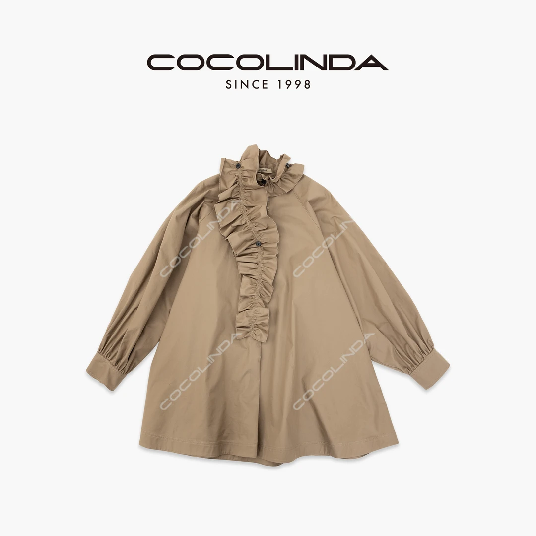 COCOLINDA |  奥风 100%棉复古老钱荷叶领中长款衬衫Q3639A