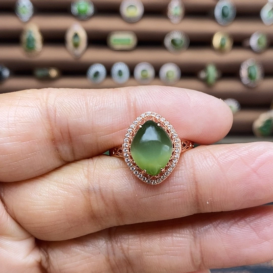 吊坠(不含链)银S925镶嵌和田玉（碧玉）戒指