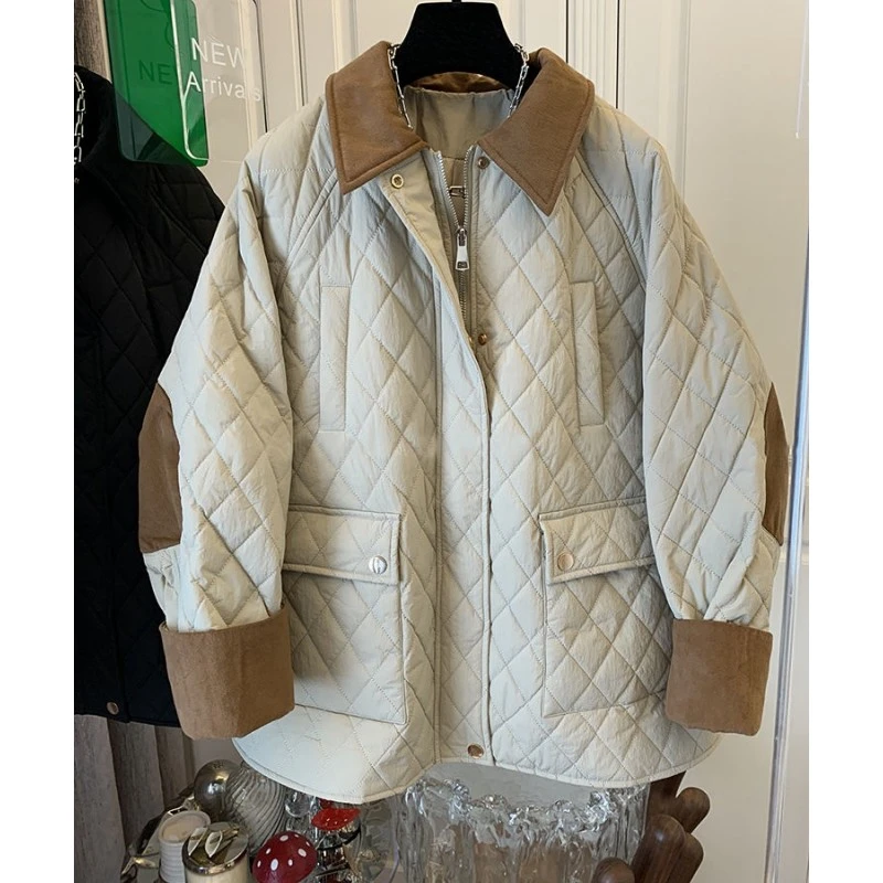 P744高级感翻领拼接撞色菱格棉服棉衣女冬季假两件时尚双口袋外套