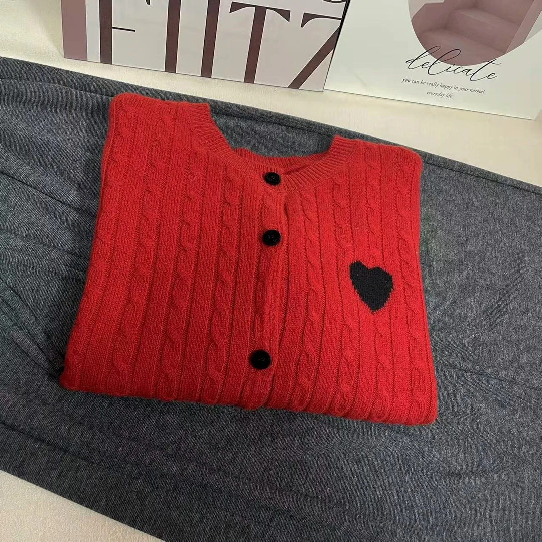 100%羊毛衫针织开衫毛衣外套圆领极简风上衣女装红色复古秋冬新款