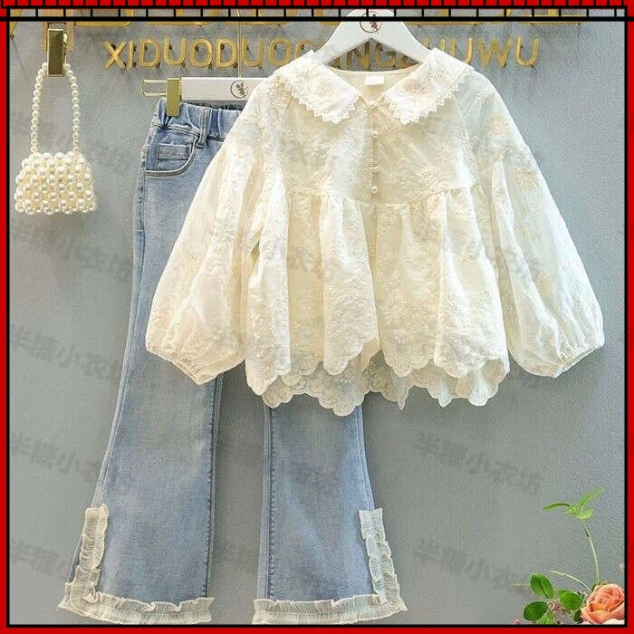 女童春秋套装2024新款洋气娃娃长袖时髦衬衫儿童牛仔裤两件套