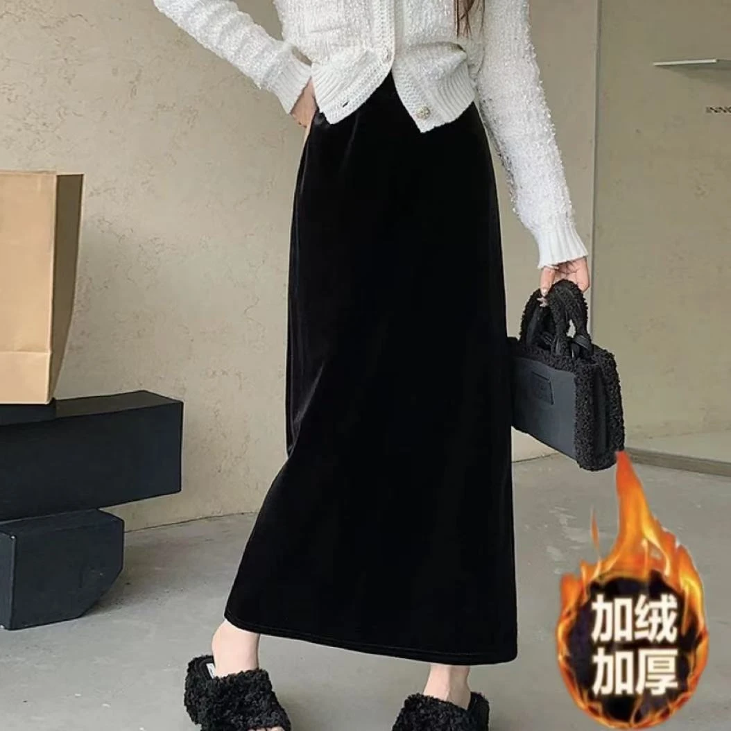 【782】H-1 冬新款丝绒裙高级感直筒后开叉小黑裙显瘦中长半身裙