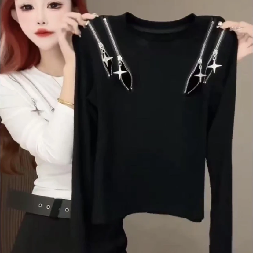 欧货圆领长袖t恤打底衫内搭女小众设计感2025春秋季新款拉链上衣