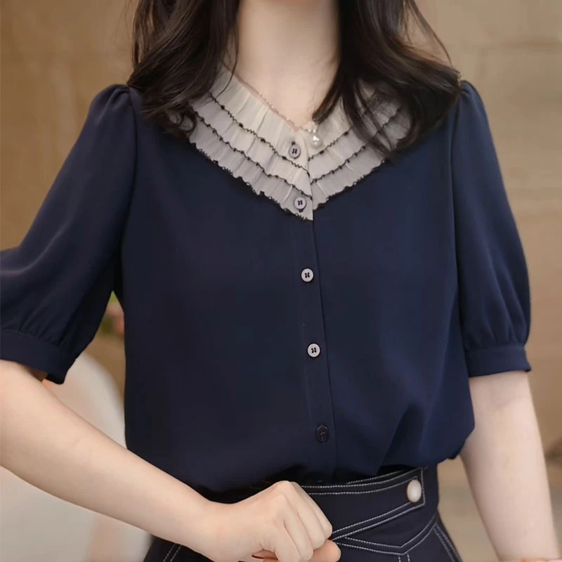 【小陈甄选】藏青色短袖衬衫女设计感小众气质宽松洋气时尚显瘦衬衣