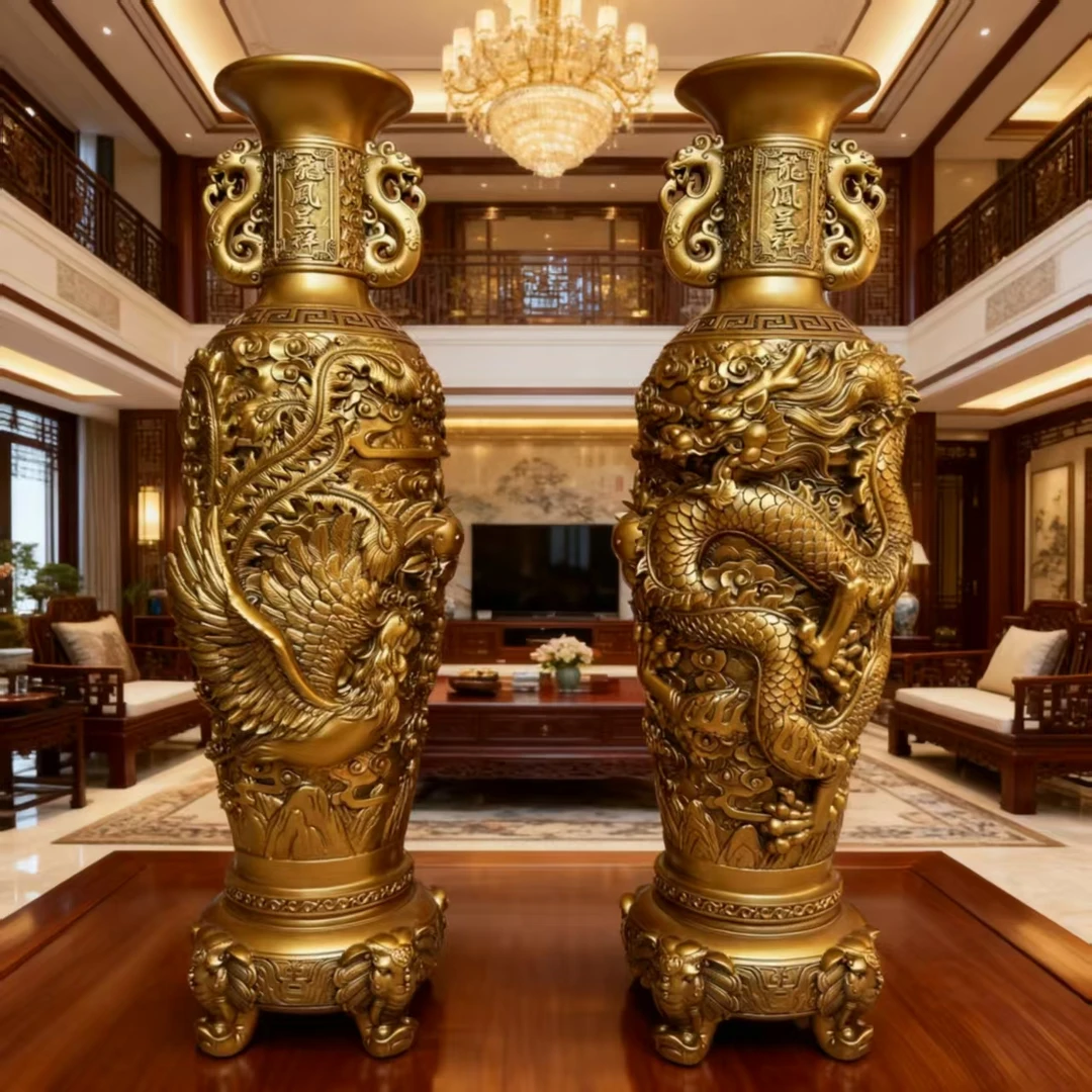 龙凤呈祥 金铜色花瓶客厅开业乔迁送礼装饰摆件（约长18*高48CM）FM