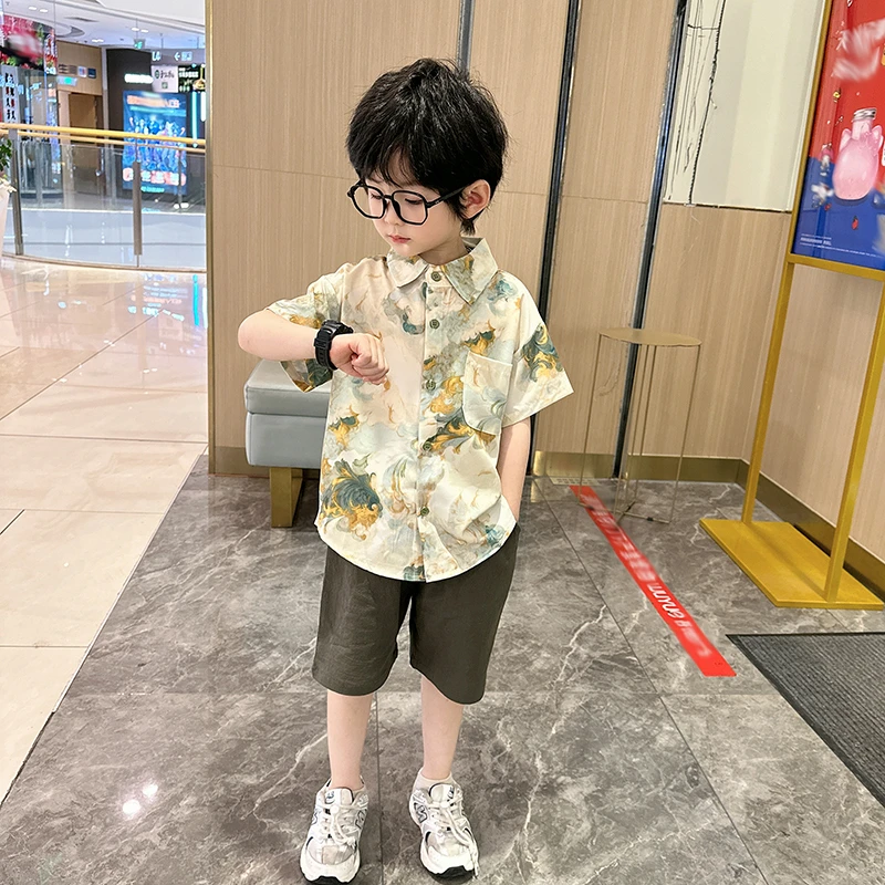 儿童2025夏新款休闲男童洋气薄款夏季中国风帅气韩版男孩衬衫套装