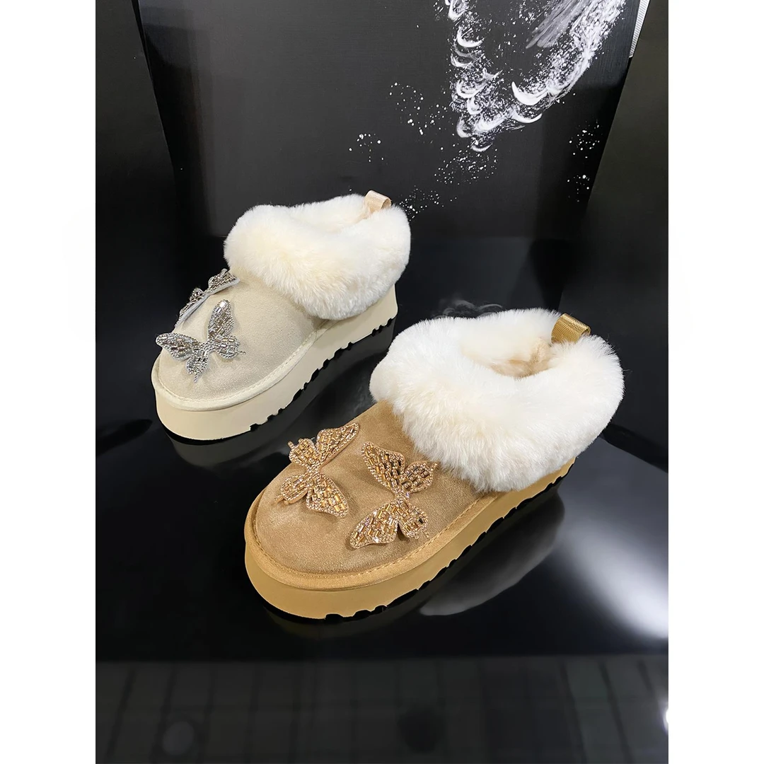 蝴蝶水钻加厚绒里毛毛鞋2025冬季新款保暖防滑一脚蹬东北大棉鞋女