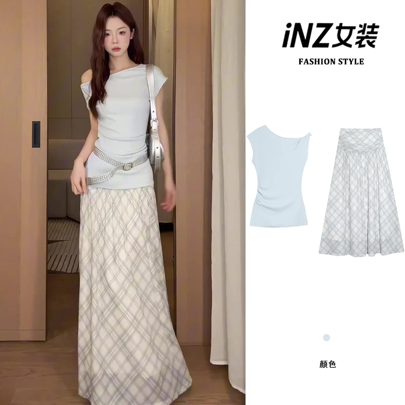 法式温柔风设计感斜肩短袖t恤女夏季高腰垂感格纹半身裙两件套ins