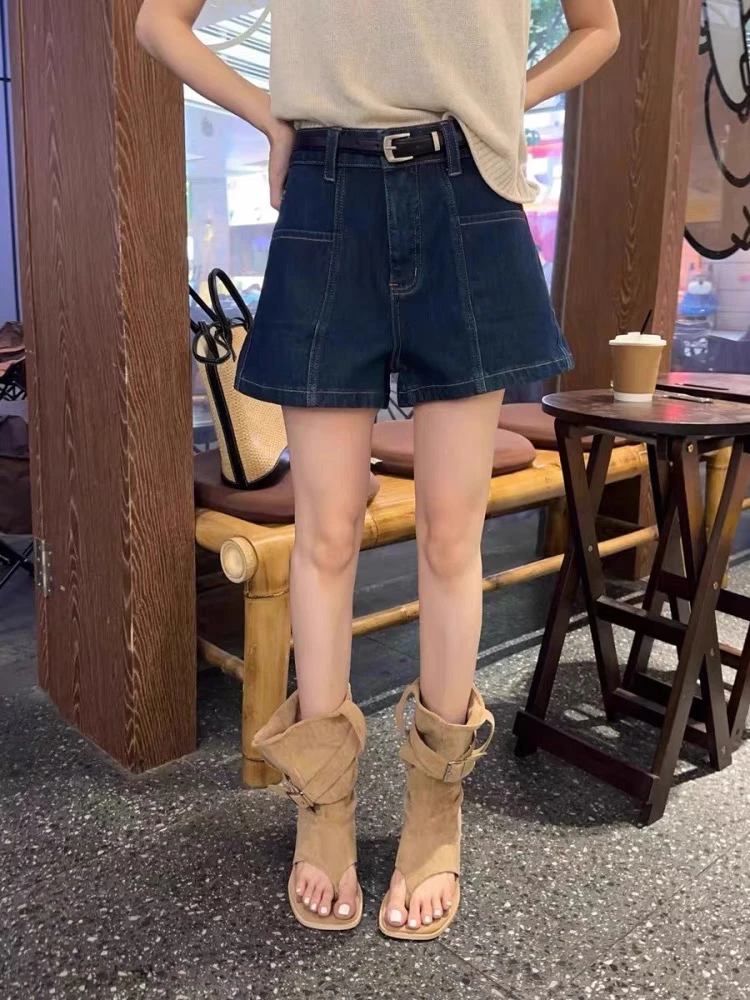 高腰拼接宽松A字版四面弹短裤