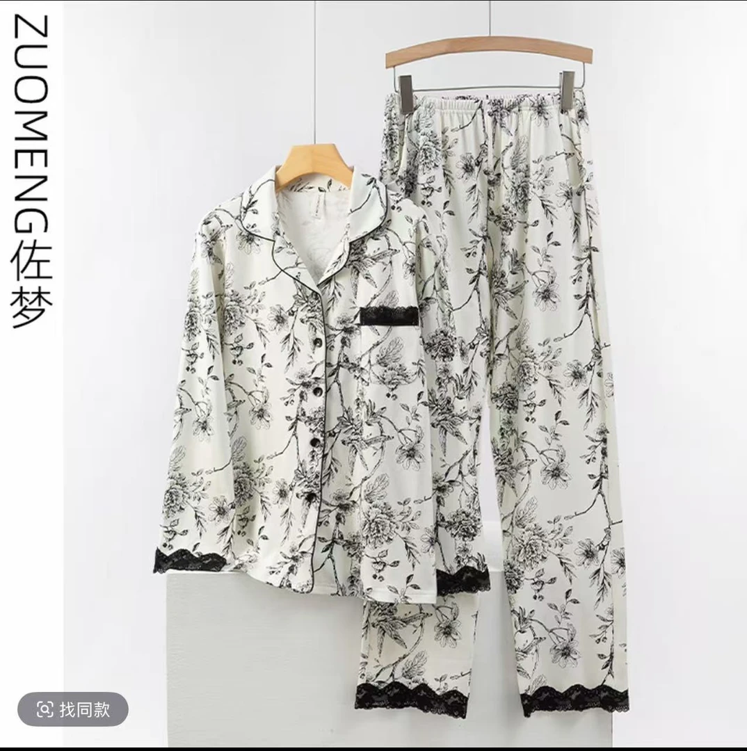 zuomeng/佐梦新品秋冬100纯棉国风水墨画舒适长袖家居服套装睡衣