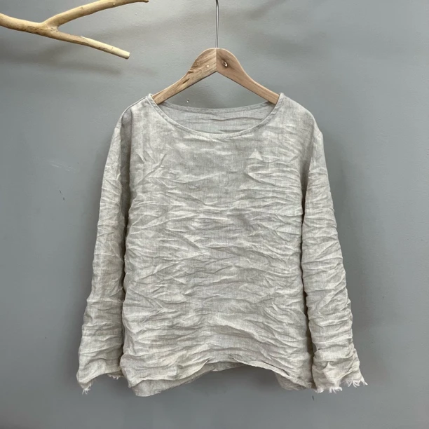 夏季100亚麻毛边圆领套头长袖衬衫女装打底百搭休闲上衣