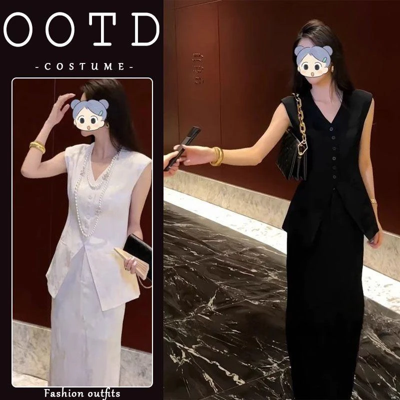 2025年夏季时尚显瘦气质女士网红洋气无袖上衣+半身裙两件套