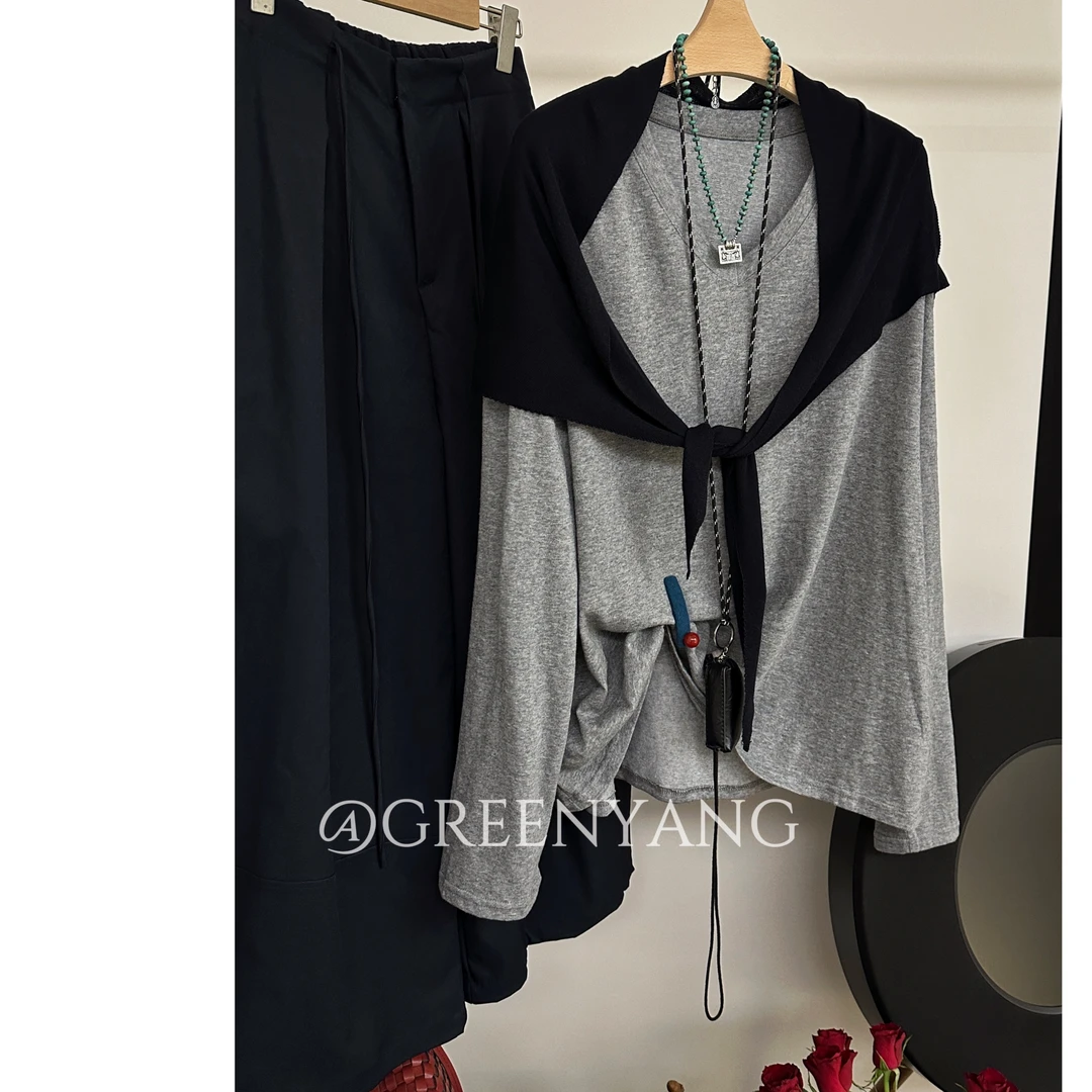 老羊家~秋装韩版V领长袖T恤披肩套装女款宽松慵懒百搭打底针织衫