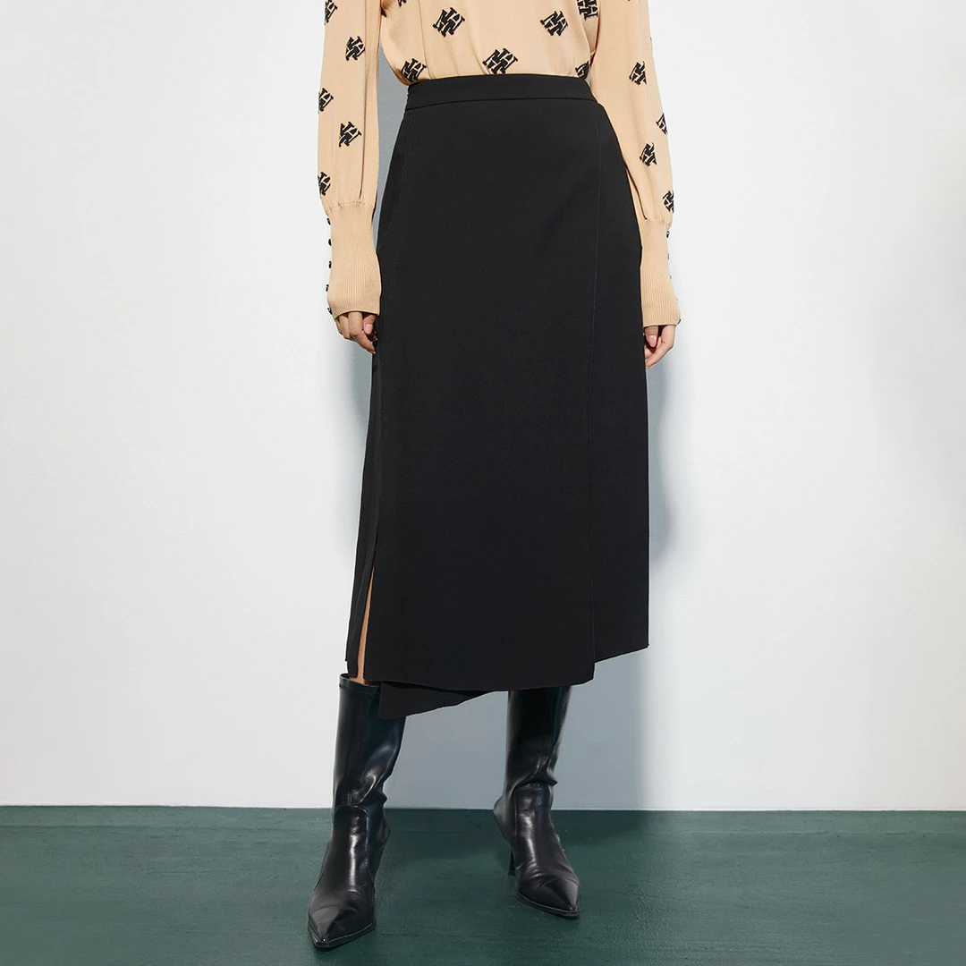 【小余专属】时尚高腰不对称半身裙秋季百搭通勤造型感开叉长裙