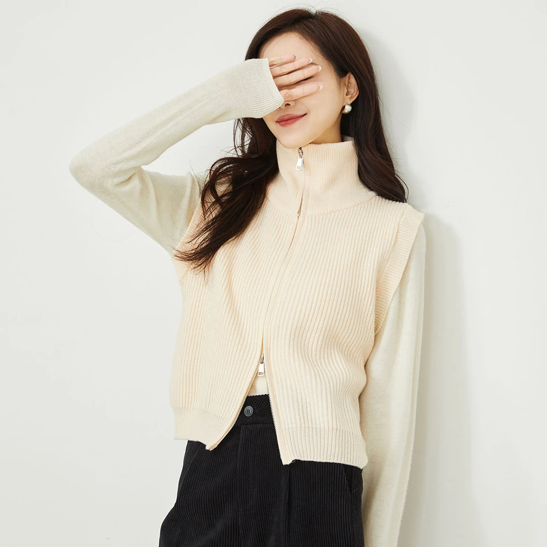 【逸阳断码清仓】高领马甲双拉链拉链针织无袖毛衣冬款上衣 15-36