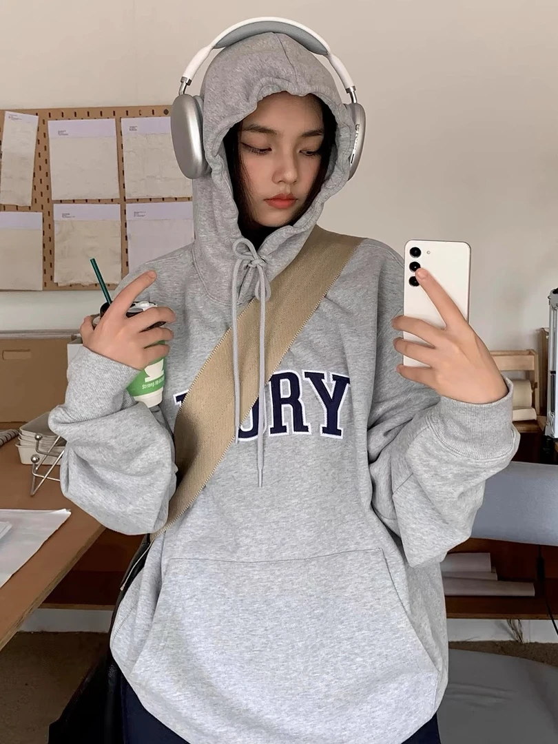 2025早春美式灰色连帽卫衣女春秋新款韩版宽松慵懒风套头长袖上衣