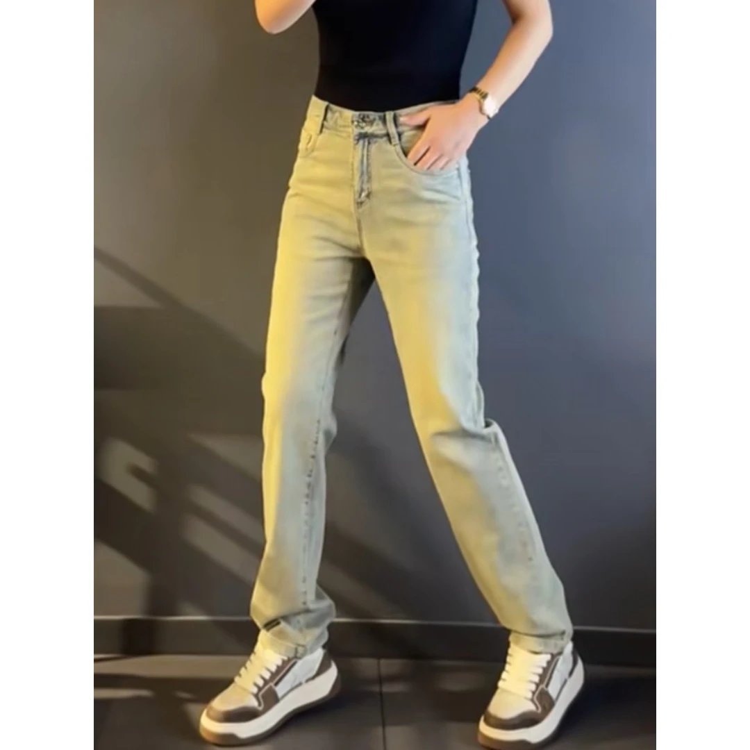 潮牌男装轻奢大码男士直筒牛仔裤秋新款法式奶油风直筒时尚牛仔裤