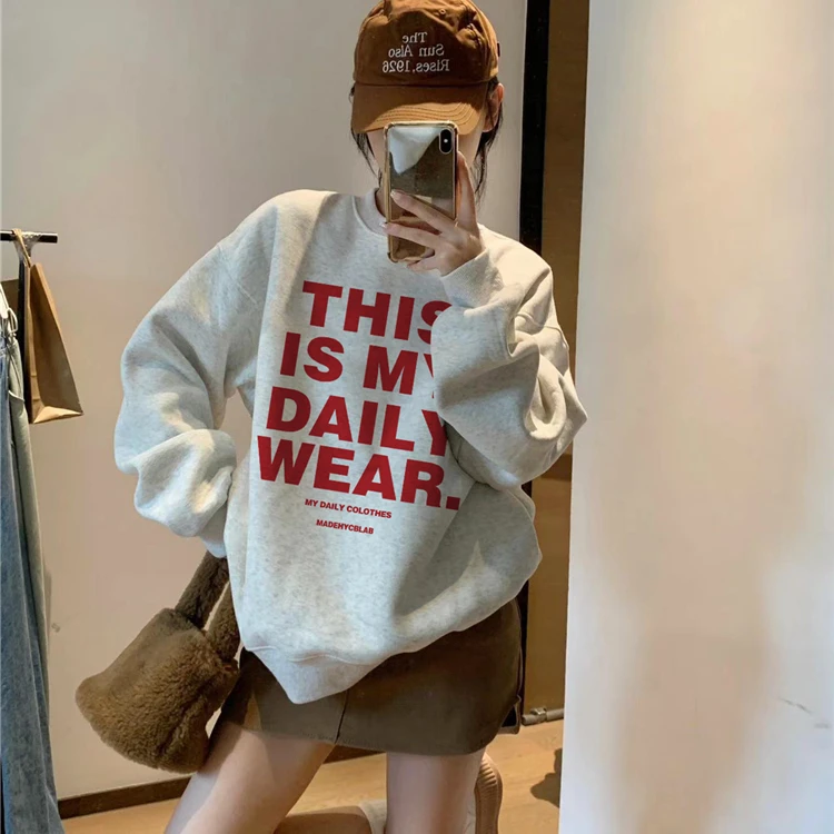 灰色圆领无帽卫衣女2025新款爆款秋冬宽松小众设计感加绒潮牌上衣