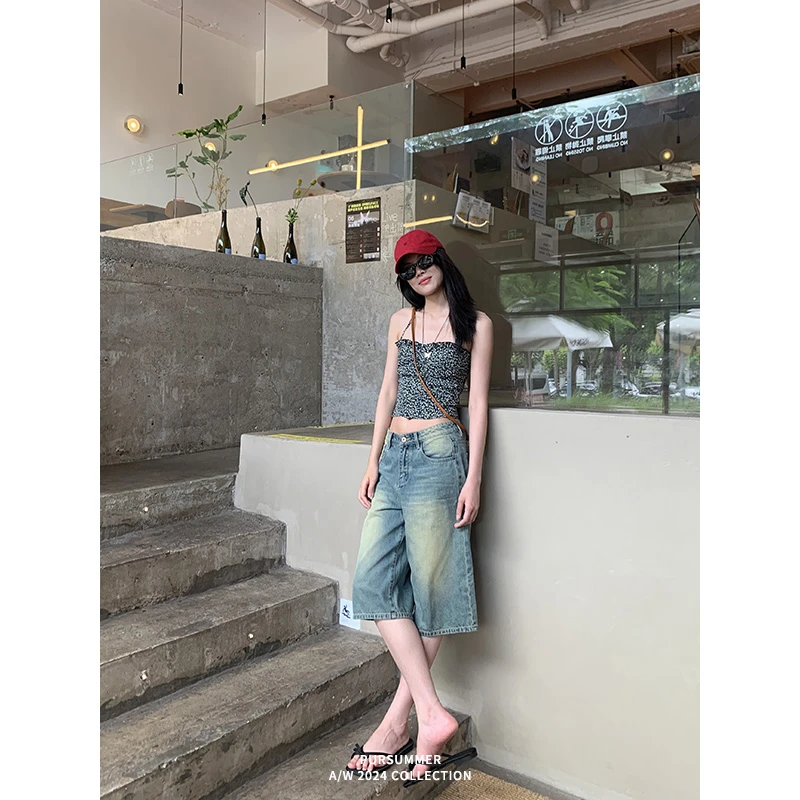 【清清！朴夏Pursummer】牛仔裤女薄款五分裤直筒宽松裤子H20630PR42