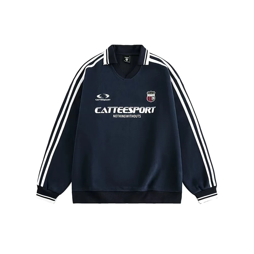 美式侧条纹翻领卫衣春秋街头潮牌学院风字母印花休闲上衣-1076