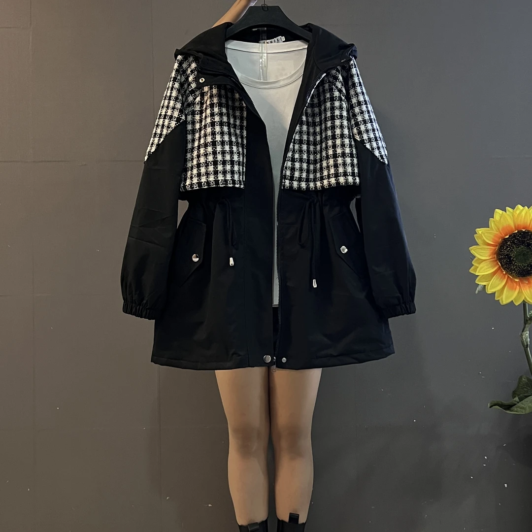 秋冬新款韩版洋气高级感拼接格子连帽夹棉风衣外套
